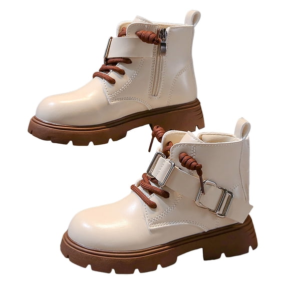 Girls Ankle Boots Kids Fashion Buckle Strap Riding Booties Lace up Zipper Lug Sole Round Toe Winter Short Boots