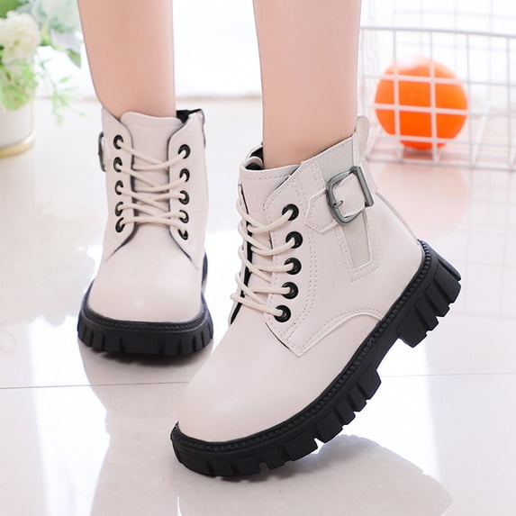 Girls Ankle Boots Lace Up Side Zipper Booties with Buckle Straps Kids Winter Versatile Platform Non-Slip Boots White 13 Little Kids