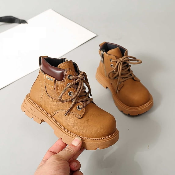 Girls Ankle Boots Lace Up Side Zipper PU Comfy Booties Kids Fashion Versatile Round Toe Lug Sole Boots Khaki 12.5 Little Kids