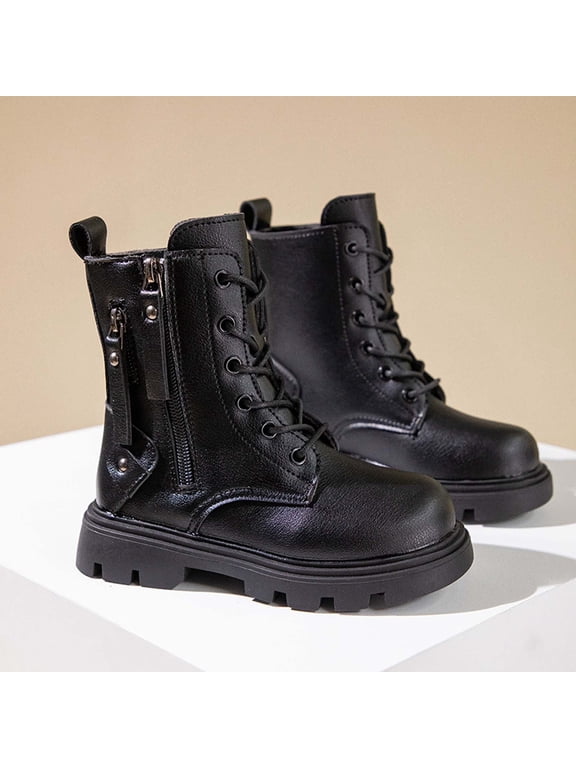 Girls Ankle Boots Lace Up Side Zipper Platform Booties Kids Fall Winter Trendy Combat Boots for Outdoor Play School Wear Black 12.5 Little Kids