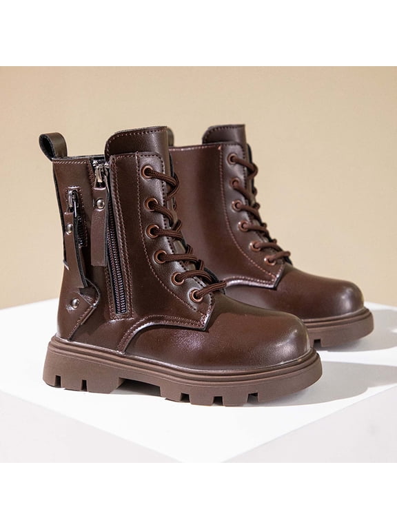Girls Ankle Boots Lace Up Side Zipper Platform Booties Kids Fall Winter Trendy Combat Boots for Outdoor Play School Wear Brown 10 Little Kids