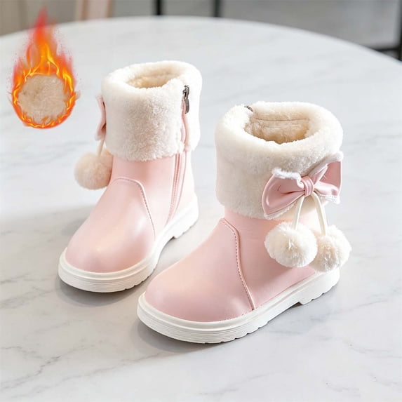 Girls Ankle Boots Winter Bow Decor Plush Lined Side Zipper Booties Kids Outdoor Comfy Warm Non-Slip Boots Pink 13.5 Little Kids
