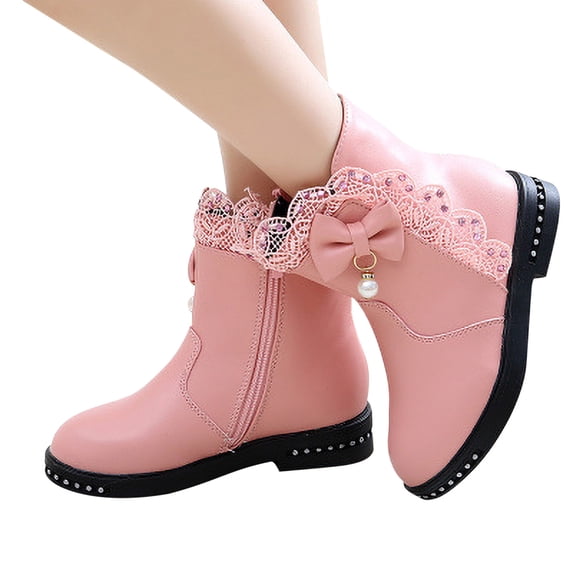 Girls Ankle Boots Winter Fur Lined Fashion Trendy Casual Cute Comfortable Lightweight Thick Warm Boots Lace Trim PU Leather Side Zipper Riding Boot 4-12 Years