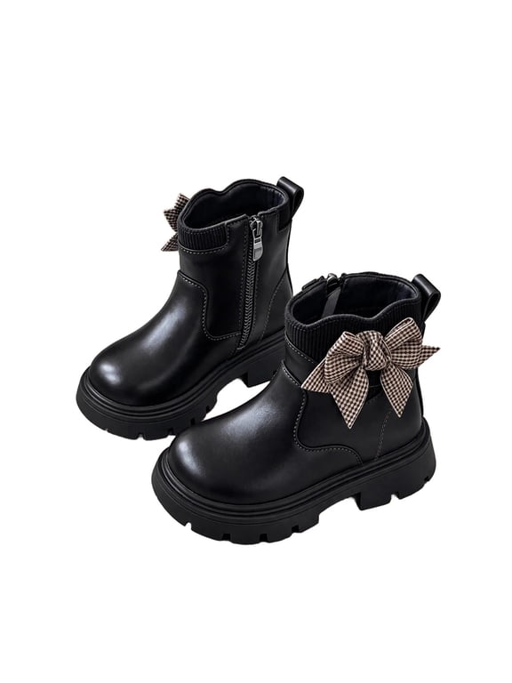 Girls Ankle Combat Boots with Plaid Bow Decor, Knit Sock Cuff Side Zipper Booties, Chunky Non Slip Lug Sole Cute Princess Shoes for Girls Fall Winter Daily Wear
