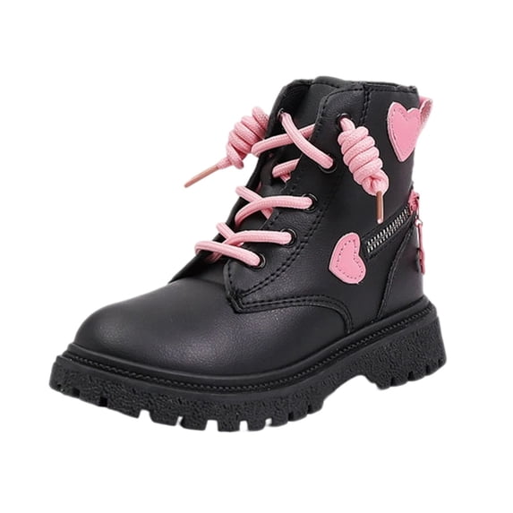 Girls Ankle Martin Boots Cute Heart Decor Side Zipper Lace up Soft Sole Fall Winter Trendy Short Leather Booties for Little & Big Kids Black 1.5 Big Kids(34)