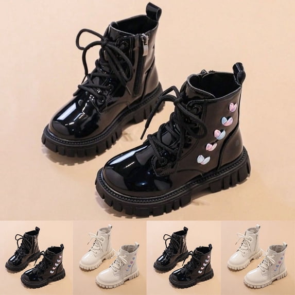 Girls Ankle Martin Boots with Heart Decor, Side Zipper Lace up Round Toe Soft Non Slip Sole Fall Winter Faux Leather Booties for Little & Big Kids Black 2.5 Big Kids(36)
