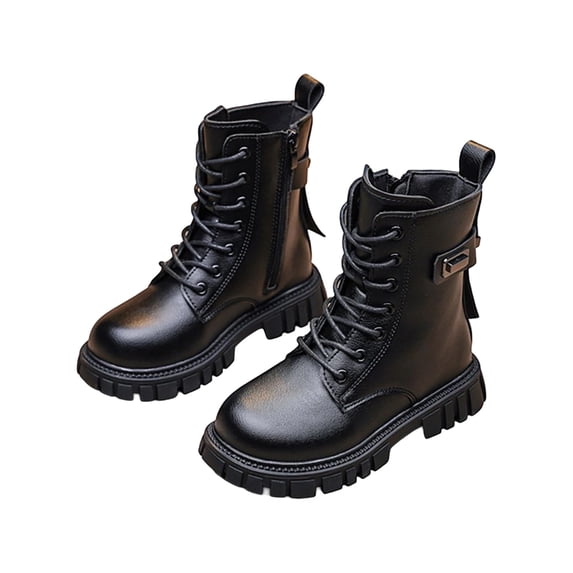 Girls Ankle Riding Boots Classic Lace up Chunky Boot PU Leather Combat Booties Platform Motorcycle Boots Side Zipper Flatform Casual Shoes Comfy School Boot Waterproof Walking Shoes