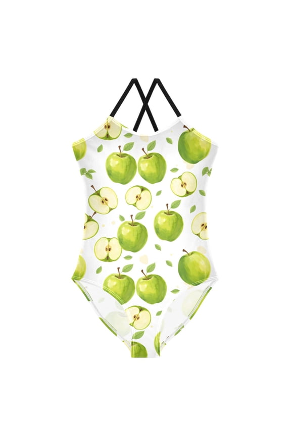 Girls Apples Print One Piece Swimsuit, Cross Back Spaghetti Strap Bathing Suit for Kids Summer Beach Pool Swimwear 7-8T