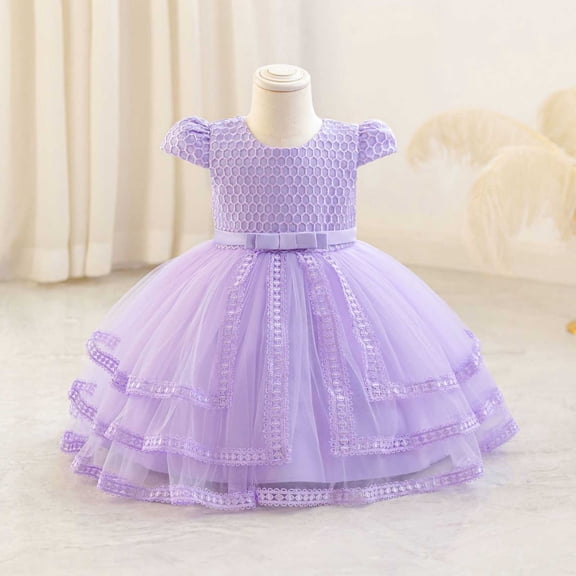 Girls Appliques Tulle Dress Cap Sleeve Princess Birthday Wedding Baptism Party Formal Evening Dance Ball Gown Purple 18-24 Months