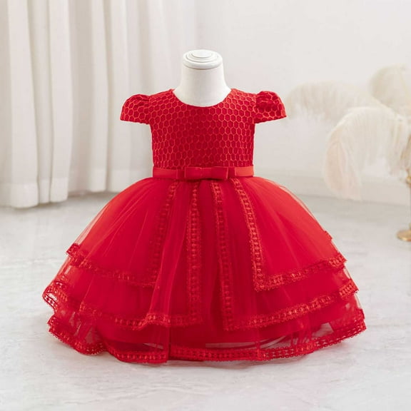Girls Appliques Tulle Dress Cap Sleeve Princess Birthday Wedding Baptism Party Formal Evening Dance Ball Gown Red 18-24 Months