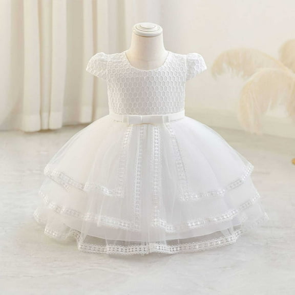 Girls Appliques Tulle Dress Cap Sleeve Princess Birthday Wedding Baptism Party Formal Evening Dance Ball Gown White 3-4 Years