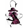 thumbnail image 1 of Girls Apron Woman Figure Furry Hat and Floral Dress Nostalgic Magazine Catwalk Look Feminine, Unisex Kitchen Bib Apron with Adjustable Neck for Cooking Baking Gardening, Fuchsia Black, by Ambesonne, 1 of 3