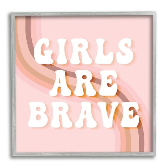 Girls Are Brave Bold Retro Typography Curved Rainbow Inspirational Framed Art Print Wall Art, 17x17