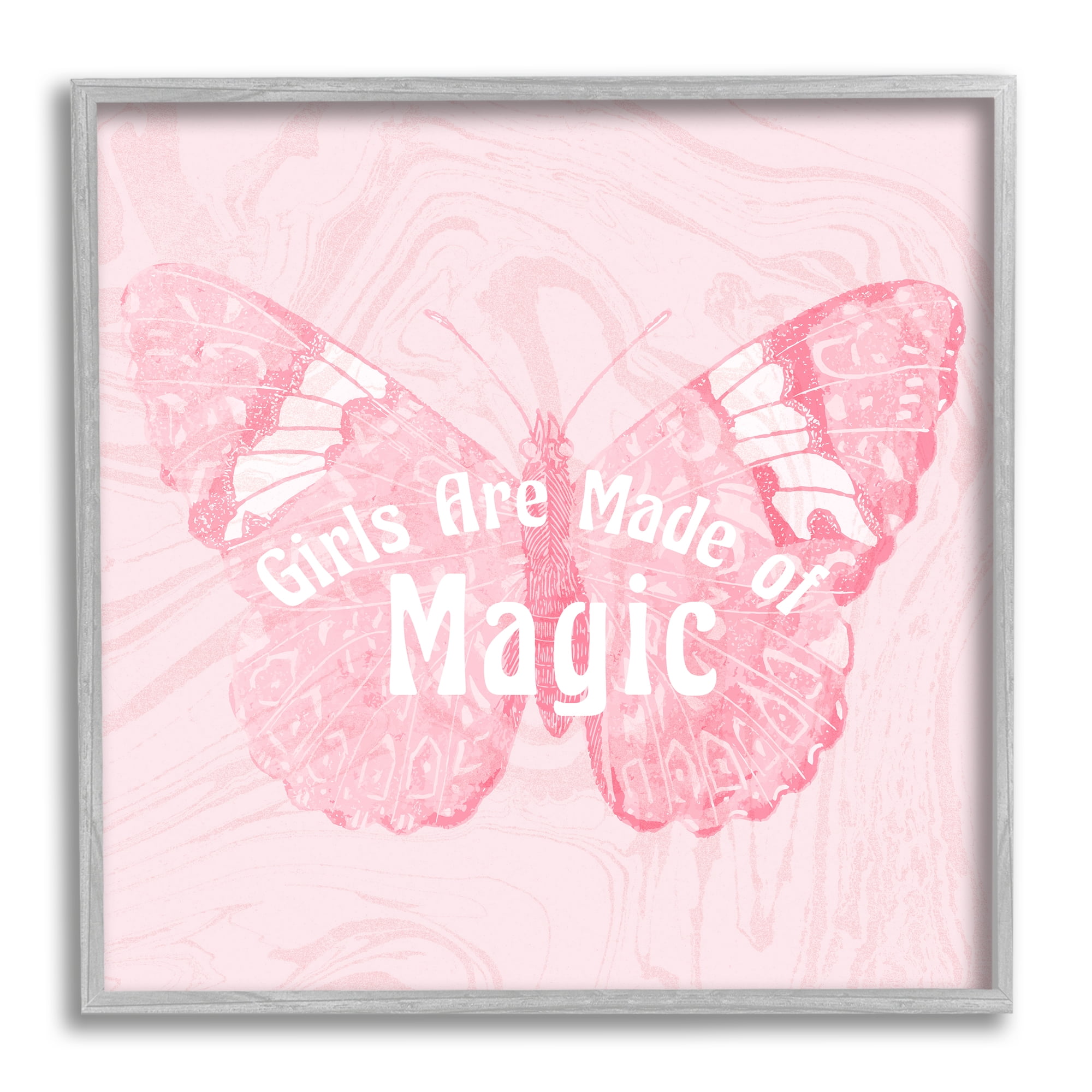 Girls Are Made of Magic Pink Patterned Butterfly Animals & Insects Framed Art Print Wall Art, 17x17