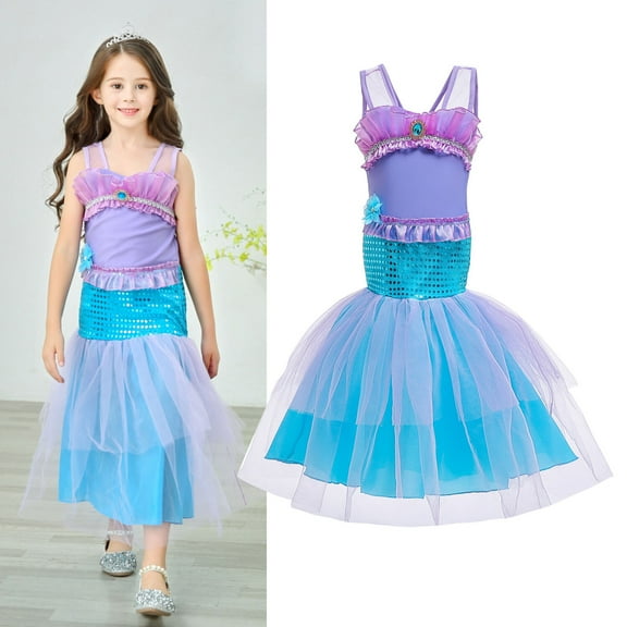 Girls Ariel Mermaid Princess Cosplay Dress Kids Fancy Tail Costume Dresses 3-8T