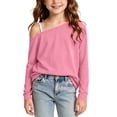 thumbnail image 1 of Girls Asymmetric off Shoulder Long Sleeve Tee, Solid Color One Shoulder Casual Blouse, Soft Lightweight Top Pink 8-9 Years, 1 of 9