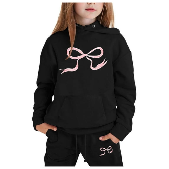 Girls Athletic Outfit Sets Cute Bow Knot Print Hoodies And Sweatpants 2 Piece Girls Sweat Suit Casual Spring Fall Kids Sweatsuit Black 6-7 Years
