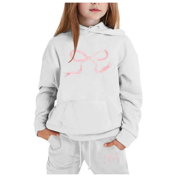 Girls Athletic Outfit Sets Cute Bow Knot Print Hoodies And Sweatpants 2 Piece Girls Sweat Suit Casual Spring Fall Kids Sweatsuit White 12-13 Years