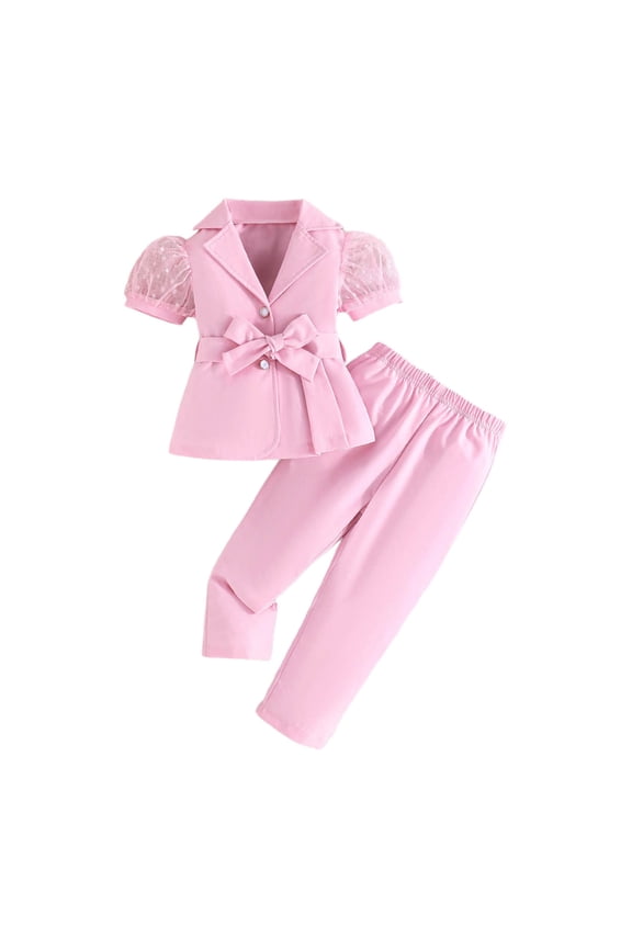 Girls Athletic Sets 2 Piece Fashion Sleeve Blouse Mesh Sheer Long Pants Girls Clothing Sets,Pink,Size 6 -7 Years
