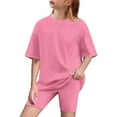 thumbnail image 1 of Girls Athletic Sets Button Middle Sleeve Solid Color Crew Neck Shirts Slimming Shorts Sports Lounge Set Hot Pink 5-15 Years, 1 of 9