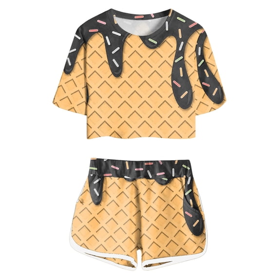 Girls Athletic Sets Short Sleeve T Shirt Shorts Printed Play Summer Clothes Set,Black,Size 13 -14 Years