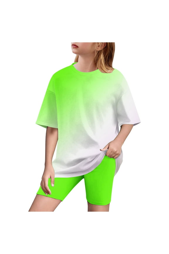 Girls Athletic Shorts Set Half Sleeve Gradient T-Shirts Short Leggings Yoga Running Summer Outfits 2 Piece Set Green, 8T