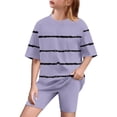 thumbnail image 1 of Girls Athletic Shorts Set Half Sleeve Oversized Striped T-Shirts Leggings Yoga Running Summer Outfits 2 Piece Set Purple, 12T, 1 of 7