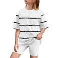 thumbnail image 1 of Girls Athletic Shorts Set Half Sleeve Oversized Striped T-Shirts Leggings Yoga Running Summer Outfits 2 Piece Set White, 5T, 1 of 7