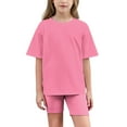 thumbnail image 1 of Girls Athletic Shorts Set Half Sleeve Oversized T-Shirts Short Leggings Yoga Running Summer Outfits 2 Piece Set Pink, 5T, 1 of 7