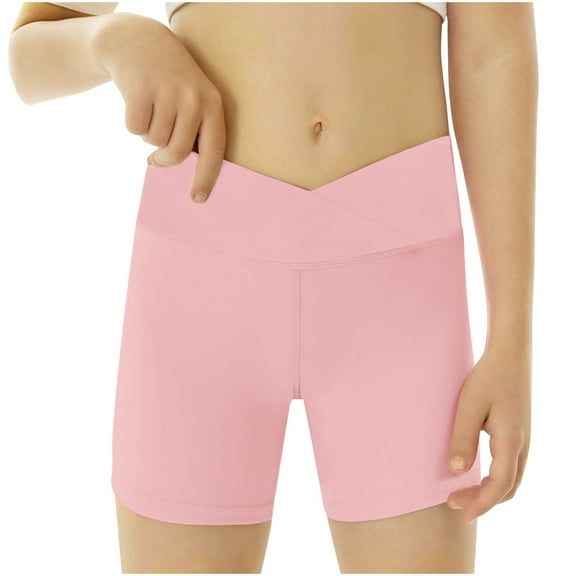 Girls Athletic Shorts Slim Tummy Control V Cross Waist Active Gym Spandex Stretchy Yoga Short Leggings Bike Dance Gymnastics Shorts (11-12 Years, Pink)