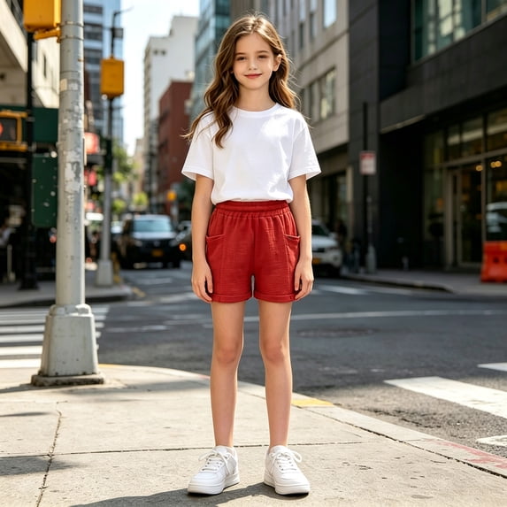 Girls Athletic Shorts Toddler Running Active Casual Cotton Linen Shorts Red Summer Gym Workout Performance Breathable Clothes 12-13 Years