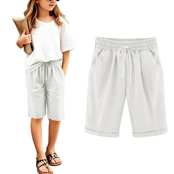 Girls Athletic Shorts White Girls Casual Bermuda Shorts Kids Knee Length High Waisted Summer Shorts Comfy Drawstring Short Pants with Pockets