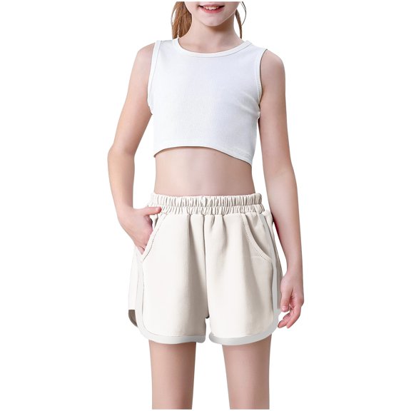 Girls Athletic Shorts with Pockets Elastic High Waisted Running Shorts Cute Summer Gym Sports Active Short for Kids
