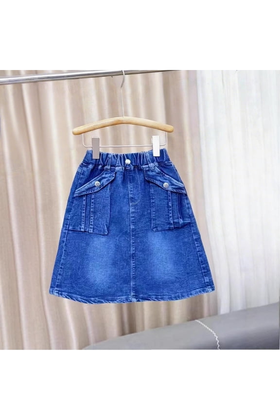 Girls Athletic Skirt Children's Solid Color A-Line Denim Skirt Stretchy Casual Fashion Workwear Jean Skirt for Girls Blue 6-7Y