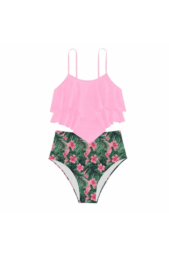 Girls Athletic Swimwear Sets 2 Piece Floral Print High Waist Ruffles Conservative Pool Kids Summer Outfits,Light Pink,S