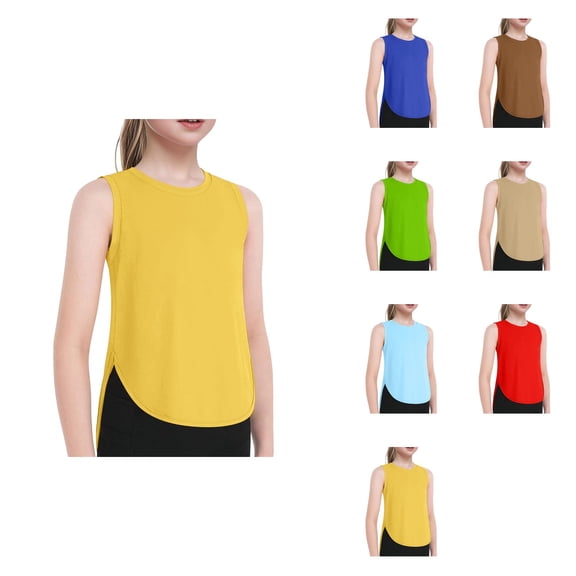 Girls Athletic Tank Top, Ice Silk Cool-Dry Sleeveless Loose Fit, Split Curved Hem for Summer Yoga Running Gym Activities