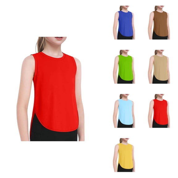 Girls Athletic Tank Top, Ice Silk Cool-Dry Sleeveless Loose Fit, Split Curved Hem for Summer Yoga Running Gym Activities
