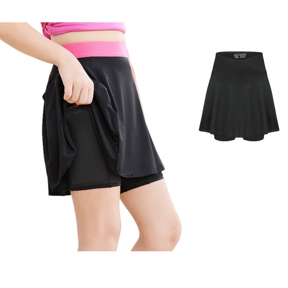 Girls Athletic Tennis Golf Skirts with Shorts Kids High Waist Ruffle A-line Skorts with Pockets Black Uniform Skirts 6-7 Years
