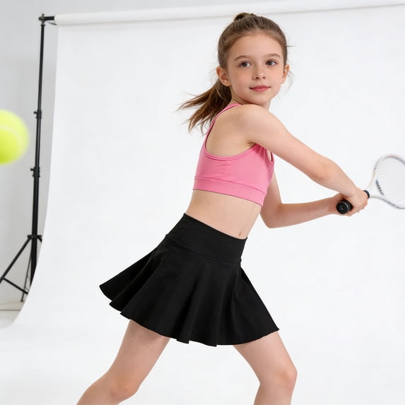 Girls Athletic Uniform Skirts Black Flowy Athletic Shorts Kids A Line Pleated Tennis Golf Skirts with Pockets 3T