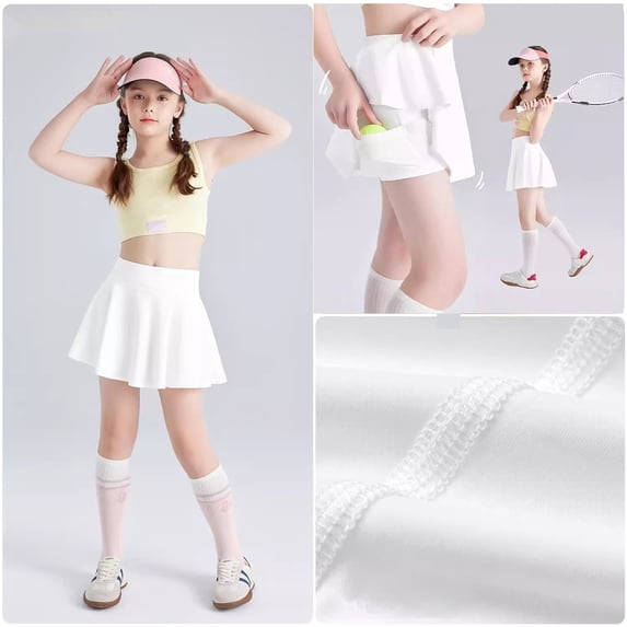Girls Athletic Uniform Skirts White Flowy Athletic Shorts Kids A Line Pleated Tennis Golf Skirts with Pockets 7-8 Years