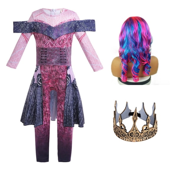 Girls Evil Princess Costume Pink Jumpsuit w/wig crown Halloween Cosplay Fairy Tale Fancy Outfit