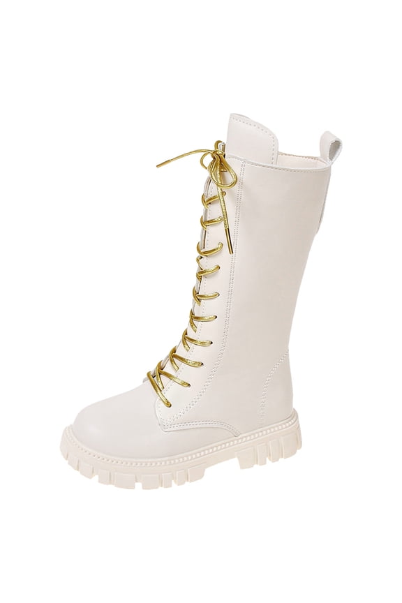 Girls' Autumn Lace-Up Combat Boots with Bowknot, Non- Thick Sole, PU Upper, Mid-Calf Flat Booties for Outdoor Wear