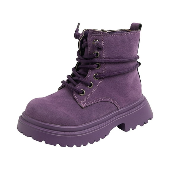Girls Autumn Suede Combat Boots Children Wide Toe Box Lace Up Mid Calf Booties Non Slip Walking Dress Shoes
