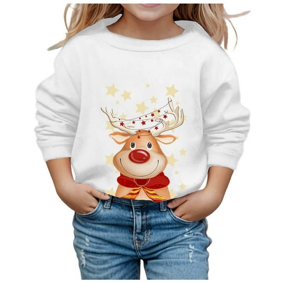 Girls Autumn Winter Christmas Print Round Neck Long Sleeve Casual Hoodless Sweatshirt