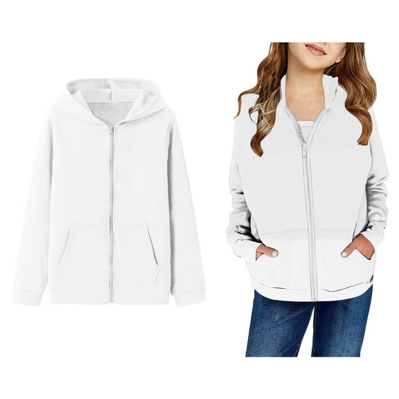 Girls Autumn Winter Solid Color Hooded Cardigan Jacket with Patch Pockets and Front Zipper