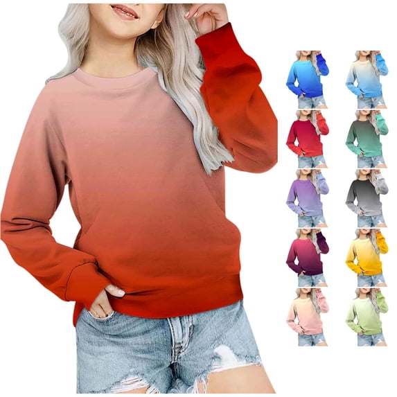 Girls' Autumn and Winter Gradient Printed Round Neck Long Sleeved Casual Hoodless Sweatshirt Blanket Sweatshirt Kids 11-12 Years