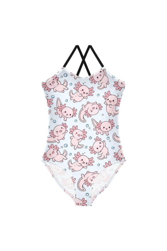 Girls Axolotl Dancing Print One Piece Swimsuit, Cross Back Spaghetti Strap Bathing Suit for Kids Summer Beach Pool Swimwear 5-6T