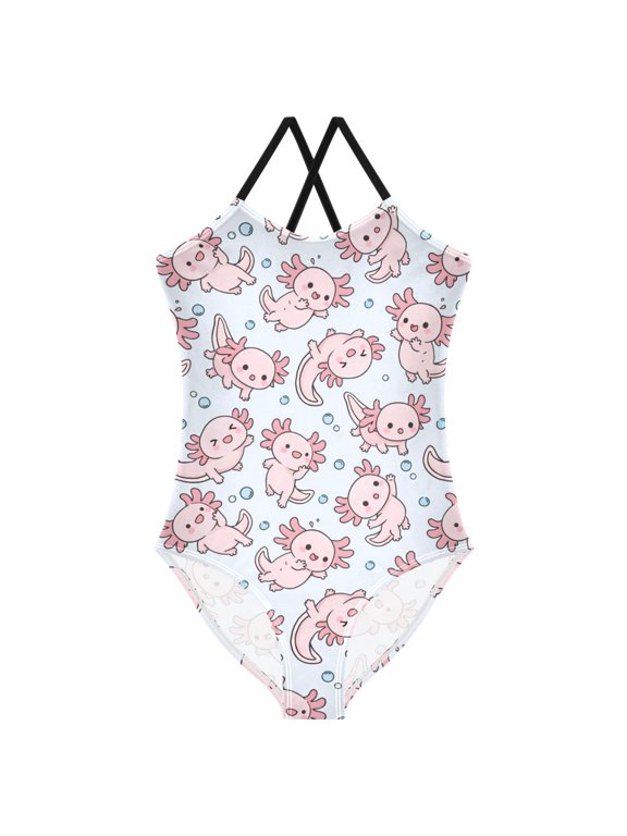 Girls Axolotl Dancing Print One Piece Swimsuit, Cross Back Spaghetti Strap Bathing Suit for Kids Summer Beach Pool Swimwear 9-10T