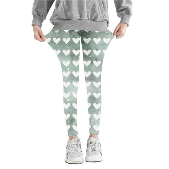 Girls Baby and Toddler Capris Leggings Full Length Pants Girls Heart Printed Pants High Waist Stretchy Soft Tights Kids Summer Leggings for School Wearing Green 7 Years