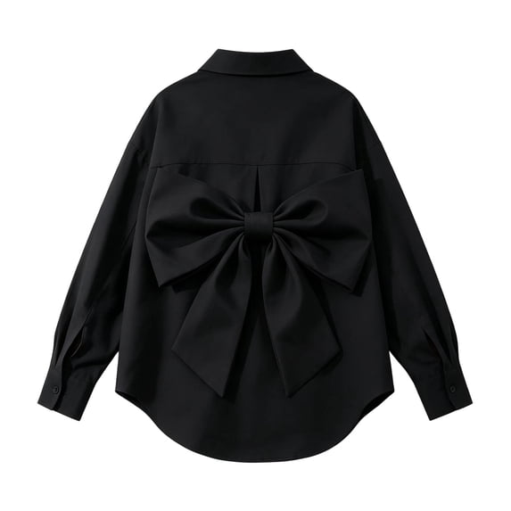 Girls Back Big Bow Button Down Shirt, Lapel Long Sleeve Loose Curved Hem Tunic Blouse, Summer Casual Back to School Performance Top for Kids(Black,3-4 Years)